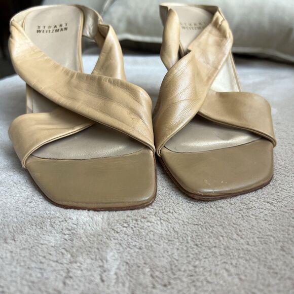 Stuart Weitzman Camel Brown Leather Slide Heeled Sandals Women 5.5 M Crossover - Picture 10 of 16